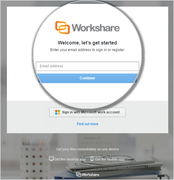 The email address field appears below the text that says: "Welcome, let's get started. Enter your email address to sign in or register."
